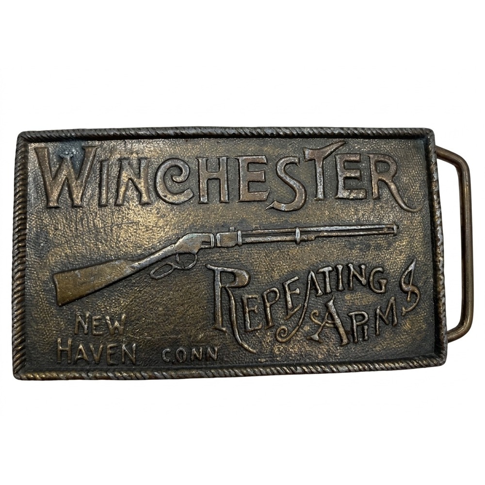 Vtg Winchester Repeating Arms‎ Belt Buckle Brass Tone Rifle New Haven Conn 1980s